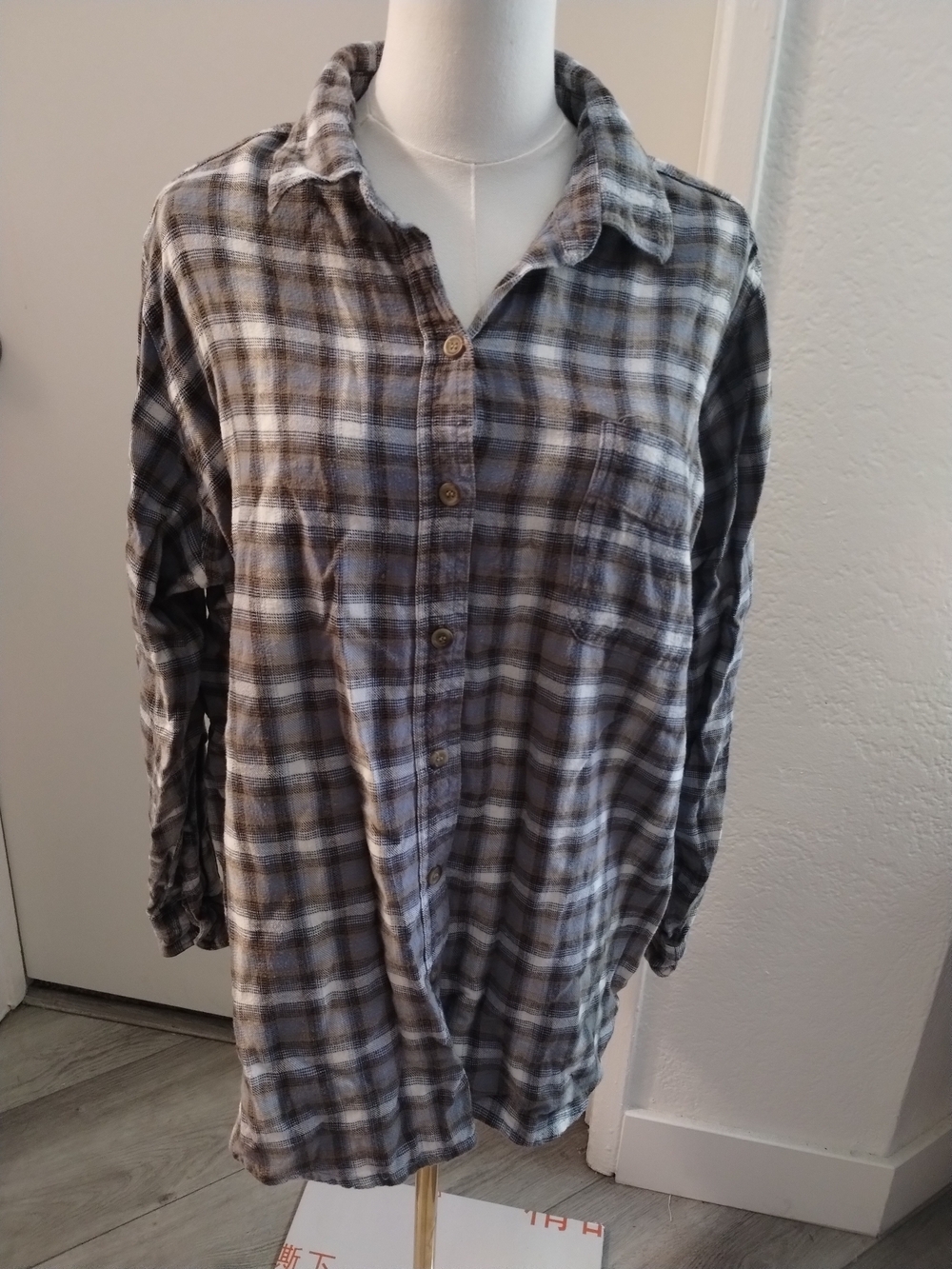 Faded Glory Brown and Gray Plaid Button-Front Shirt